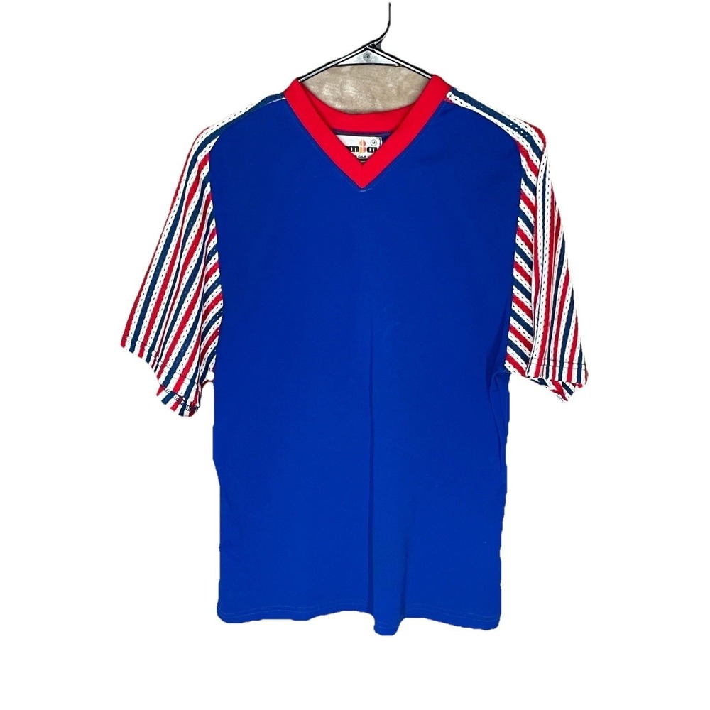 VTG‎ 80s Mesh V-Neck T-Shirt Mens Medium Red White Blue Striped Sleeve 70s